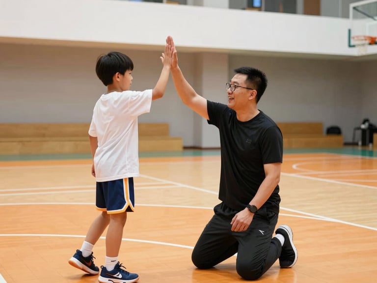 A passionate coach kneeling to high-five a young basketball player in a bright, modern indoor gymnasium, vibrant orange basketball courts, warm high-key lighting.