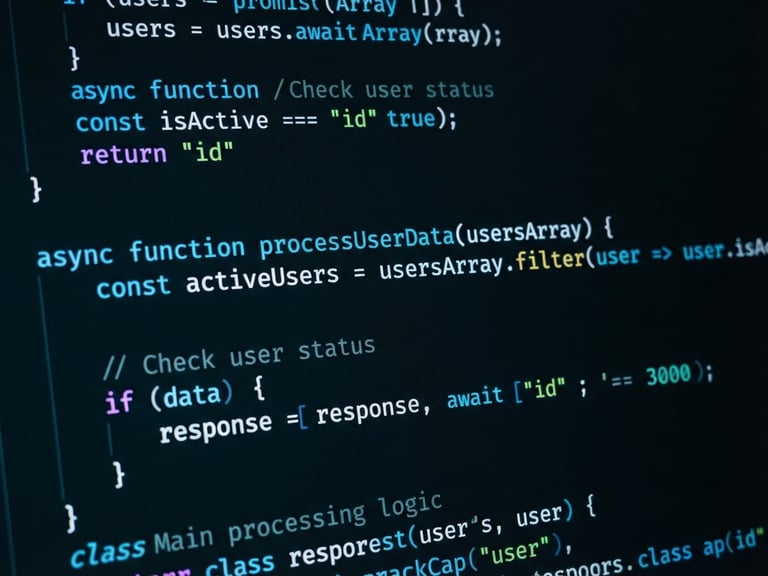 Macro close-up of clean code snippets in a dark-mode editor, electric blue and cyber green syntax highlighting, high-contrast, moody ambient light