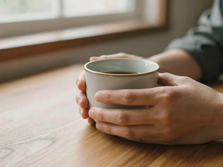 Close-up of hands holding a warm ceramic cup over a wooden table, soft shadows, natural textures, warm overcast lighting, editorial style