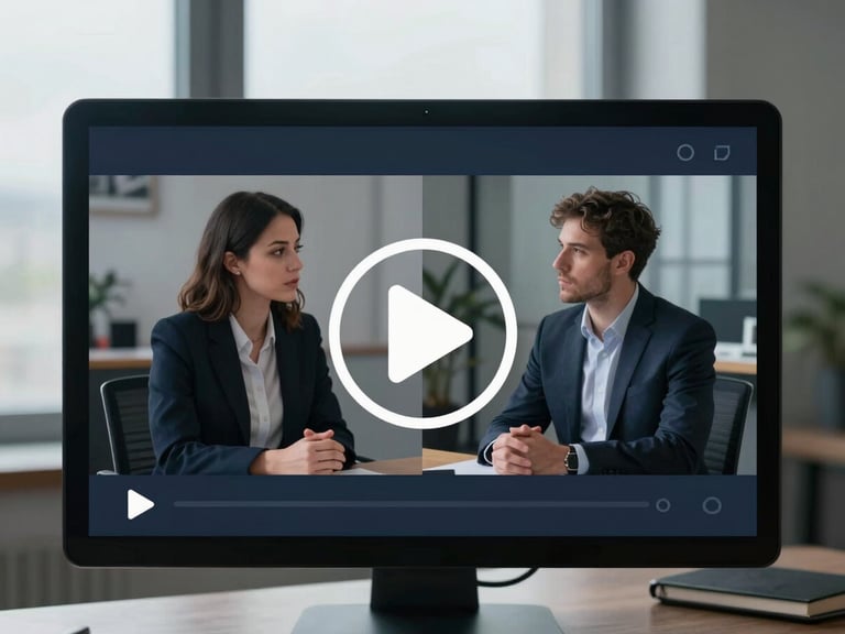 A professional video player interface showing a legal consultation, cool overcast light, play button overlay, sharp focus, 35mm lens.