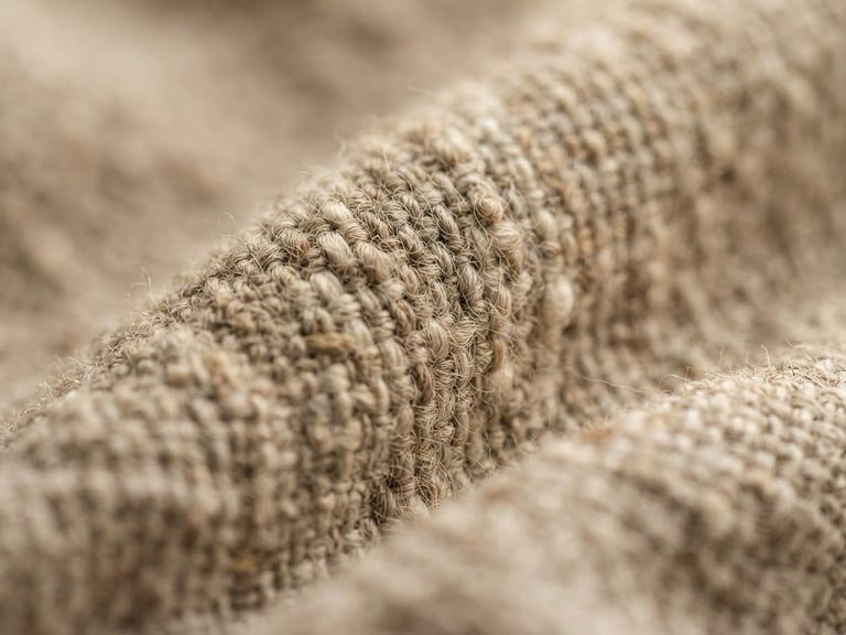Extreme close-up of soft oatmeal linen weave, warm diffused morning light, shallow depth of field, tactile fabric textures