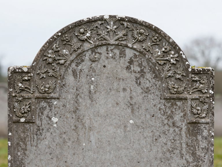 Documentary photograph, close-up of a weathered historic headstone, soft overcast daylight, high detail stone texture, shallow depth of field.