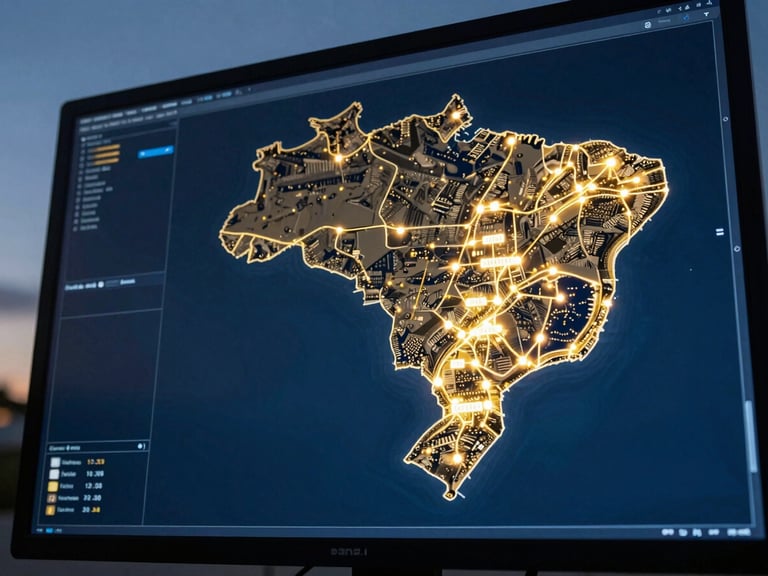 High-tech telemetry screen displaying a stylized digital map of Brazil with active glowing logistics routes, cool blue and gold lighting, sharp focus