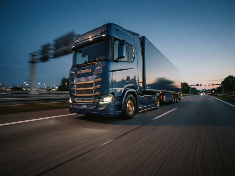 Low-angle dynamic action shot of a sleek logistics cargo truck in motion on a clean highway, cool twilight ambient light with gold accents, 35mm