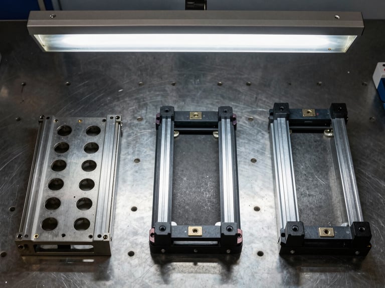 Overhead flat-lay of three PCB assembly fixtures arranged on a steel workbench — wave solder pallet, manual assembly jig, and testing fixture — tungsten overhead light, machined edges sharp and visible, no hands