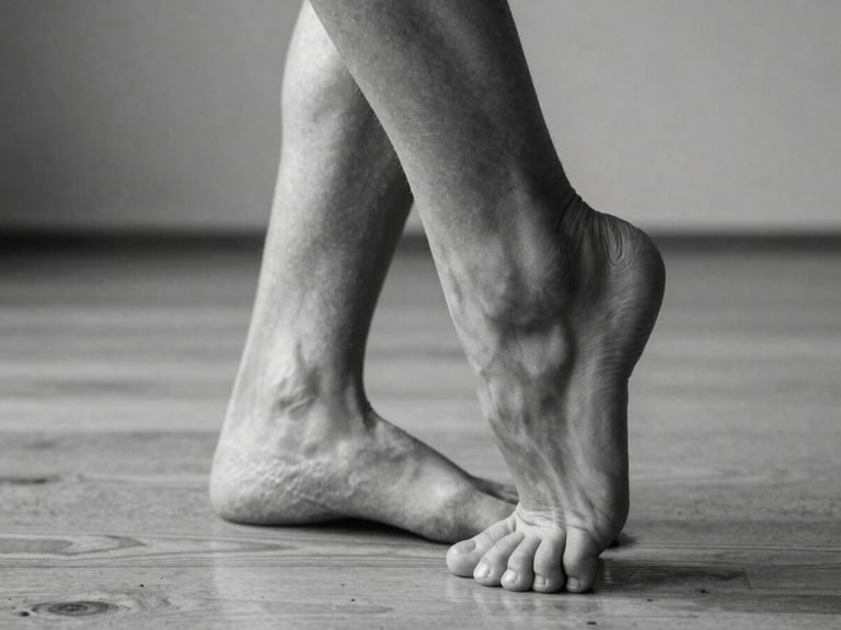Extreme close-up of a dancer's bare foot arching against a wooden studio floor, soft natural light highlighting the anatomy and physical tension, monochrome.