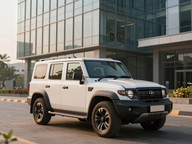 A clean premium multi-utility vehicle parked outside a modern glass corporate headquarters in India, captured during warm golden hour light.