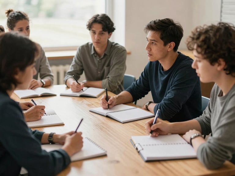 A diverse group of adults in a community workshop, engaged in a discussion about financial concepts, hands on notebooks, warm natural light, candid framing.