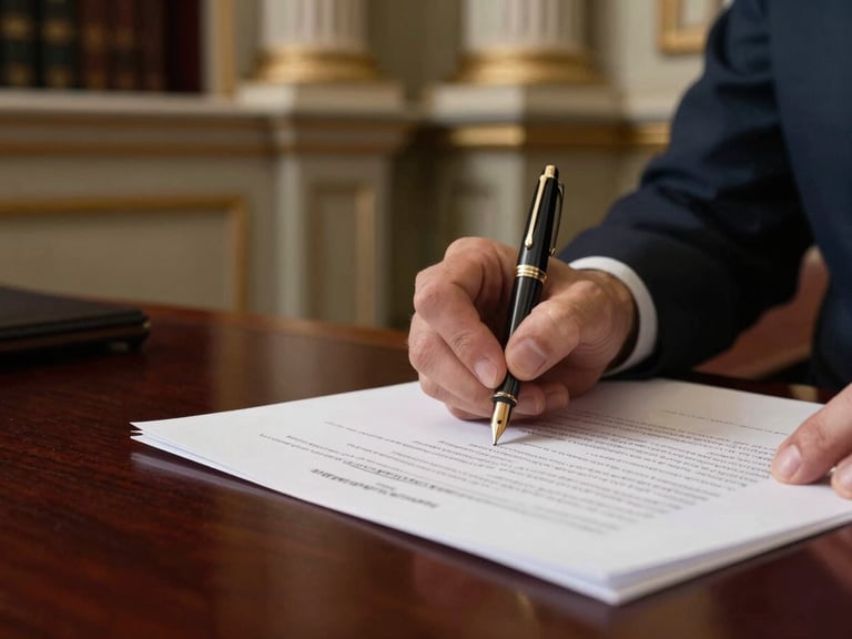 Close-up of a fountain pen signing a confidential financial document on a dark mahogany desk, soft office lighting, architectural details in background, 35mm