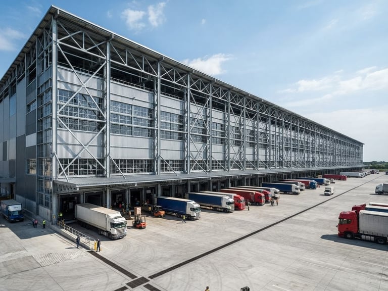 Wide-angle architectural photograph of a massive steel-framed industrial logistics center, high-contrast daylight, cool metallic tones, deep shadows.