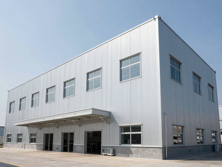 Exterior of a modern agro-industrial processing plant, clean architectural lines, bright daylight, metallic textures, professional environment