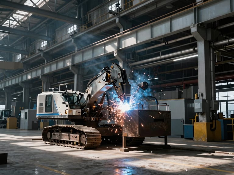 Heavy machinery in operation inside a massive manufacturing plant, welding sparks, deep shadows, cool metallic tones.