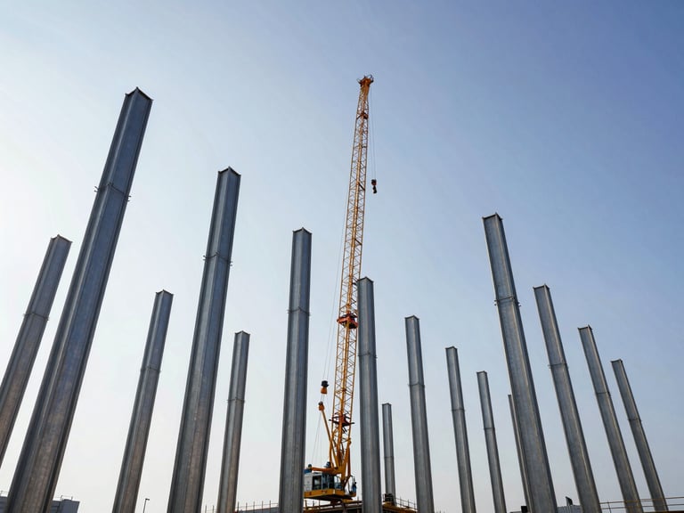 Professional engineers on site directing crane assembly of steel columns, low angle emphasizing height, high contrast daylight.