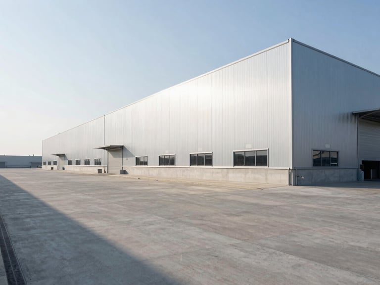 Wide panoramic shot of a massive modern logistics center exterior, clean concrete pavement, crisp morning light, metallic cladding reflecting cool tones