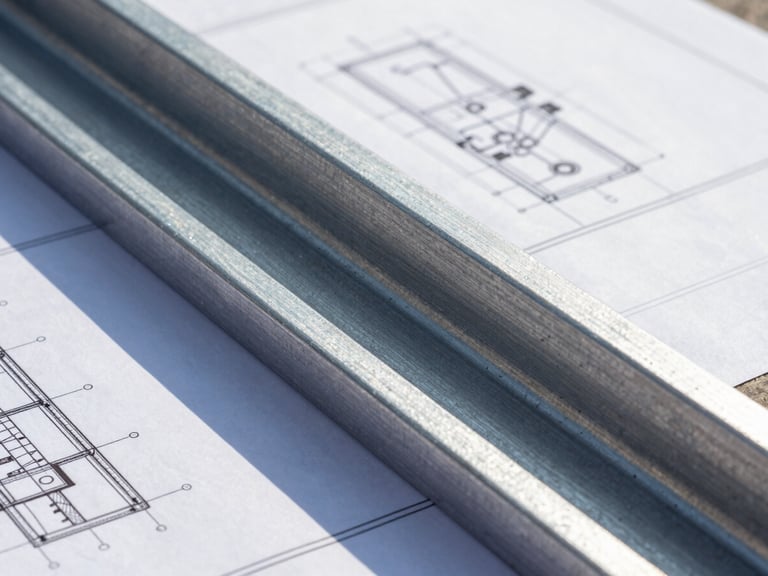 Macro shot of precise engineering blueprints resting on a massive steel I-beam, crisp daylight, high contrast.