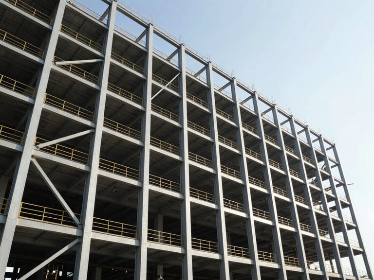 Massive steel framework of an industrial plant under construction, high-contrast daylight, dramatic low-angle shot emphasizing height and scale