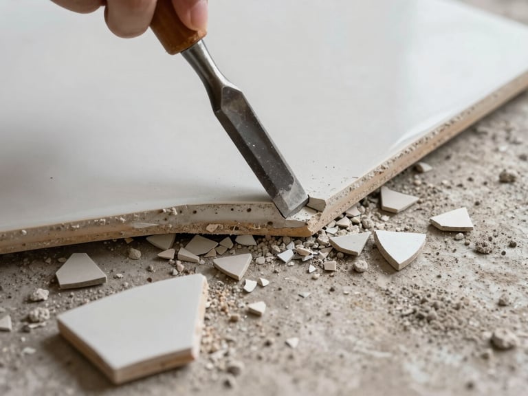 Overhead close-up of tile removal in progress, chisel tool wedged under ceramic tile edge, broken tile fragments and dust on concrete substrate, raking natural light showing substrate surface condition, no people visible