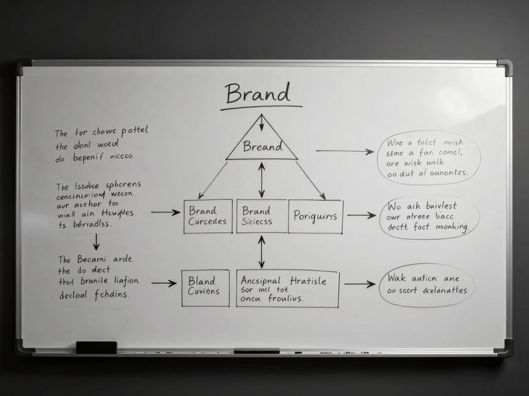 Wide shot of a whiteboard covered in handwritten positioning architecture — arrows, brand hierarchy notes, circled claim statements — sharp studio rim light from upper right, dark background, no person visible, precise and architectural