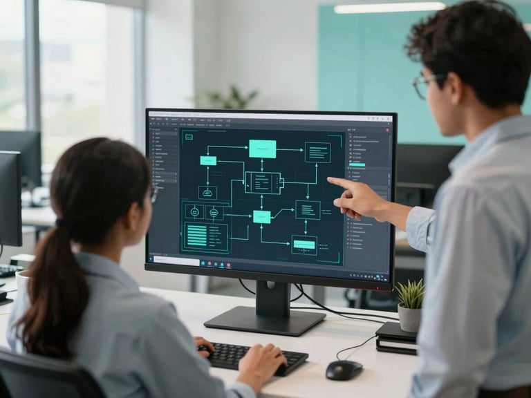 Medium shot of software developers analyzing complex system architecture diagrams on a screen in a bright, modern New Delhi office, natural light, teal accents, crisp corporate photography.