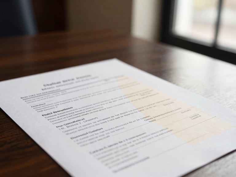 Professional close-up of legal documents and medical prescriptions on a dark wood desk, soft natural window light, deep navy and champagne tones, shallow depth of field