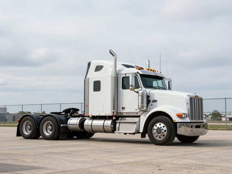 Wide daylight shot of a Peterbilt 579 on a commercial lot, passenger-side view showing full rig length, concrete apron and chain-link fence in background, overcast sky, no people present, tires and chrome exhaust stacks clearly visible