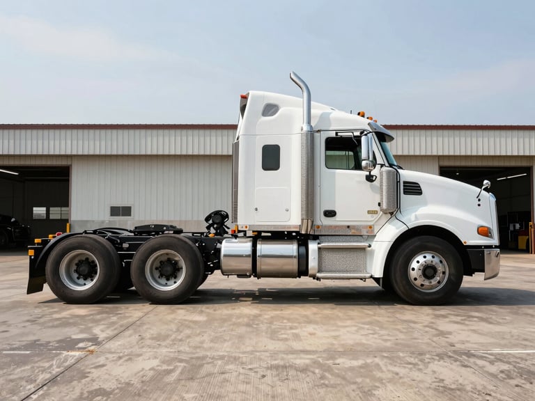 Close environmental shot of a Kenworth T680 parked at a freight yard in daylight, driver-side profile showing full chassis, tires, and fifth-wheel, service bay doors visible in background, no people, weathered concrete lot