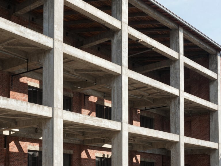 Wide angle of a massive structural steel frame integrated into a historic brick building, natural light pouring through open framing, sharp focus, 50mm lens