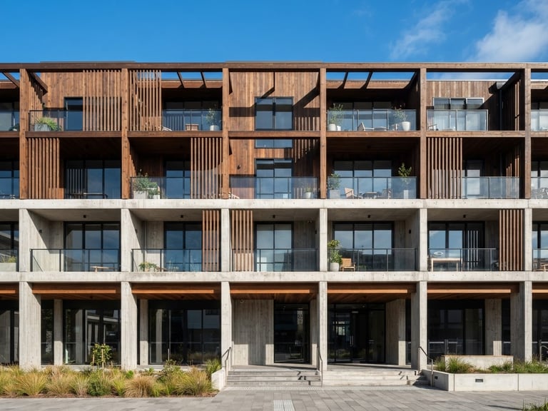 Straight-on architectural elevation of a concrete and timber structure, hard natural daylight casting crisp shadows, sharp focus, 50mm lens