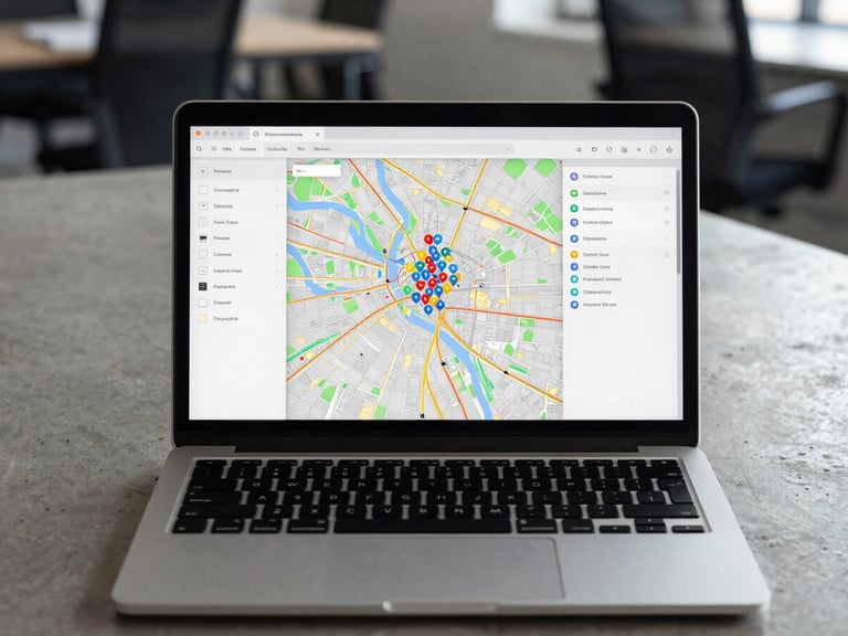 Wide overhead shot of a laptop screen displaying an interactive Colombian city map with clustered property pins and a visible sidebar of filter options, placed on a concrete desk under cool natural office light, no hands visible