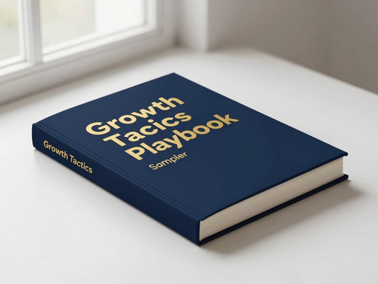 Isometric high-fidelity 3D book mockup of the Growth Tactics Playbook Sampler, clean editorial photography, soft natural window light, deep navy and warm gold accents, sharp focus, 35mm lens