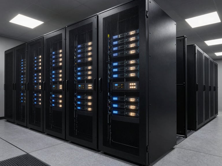 Wide panoramic architectural view of a dark modern server room, structured mathematical patterns of data rack lights, low-key directional lighting, sharp shadows