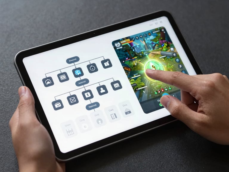 Top-down view of a hand interacting with a sleek Android tablet, showing a highly detailed vector diagram of app architecture transitioning into a live, glowing game interface.