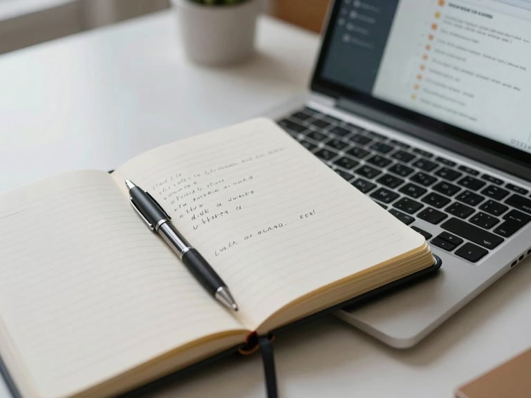 Close-up overhead shot of a professional's desk — open notebook with handwritten notes, laptop showing a clean course interface, a pen resting on the page, soft diffused office daylight, minimal desk surface with no clutter