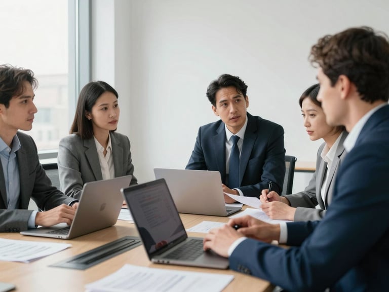 Medium shot of four professionals seated around a conference table in a bright modern office, mid-discussion over open laptops and printed documents, natural window light from the left, no one looking at camera, focus on engaged conversation