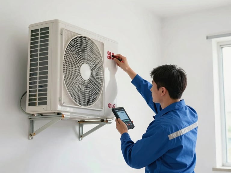 Técnico de HVAC en uniforme limpio instalando cuidadosamente una unidad minisplit LG en una pared blanca, utilizando herramientas digitales, con tuberías de cobre visibles y limpias. Luz natural brillante.