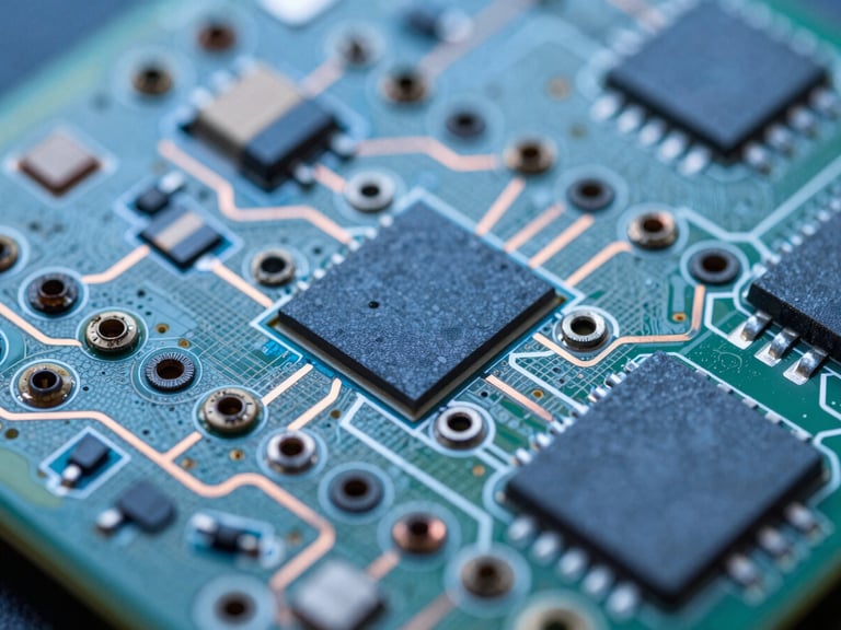 Extreme close-up of copper traces on a green and blue PCB, sharp focus on solder joints, technical studio lighting