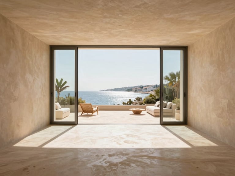Straight-on architectural elevation of a sunlit Cannes living room, micro-cement floors, minimalist warm sand walls, large glass opening onto a terrace, bright Mediterranean daylight.