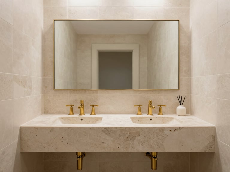 Architectural photography of a minimalist bathroom in Cannes, bespoke travertine vanity, brass fittings, perfect tile alignments, soft natural light.