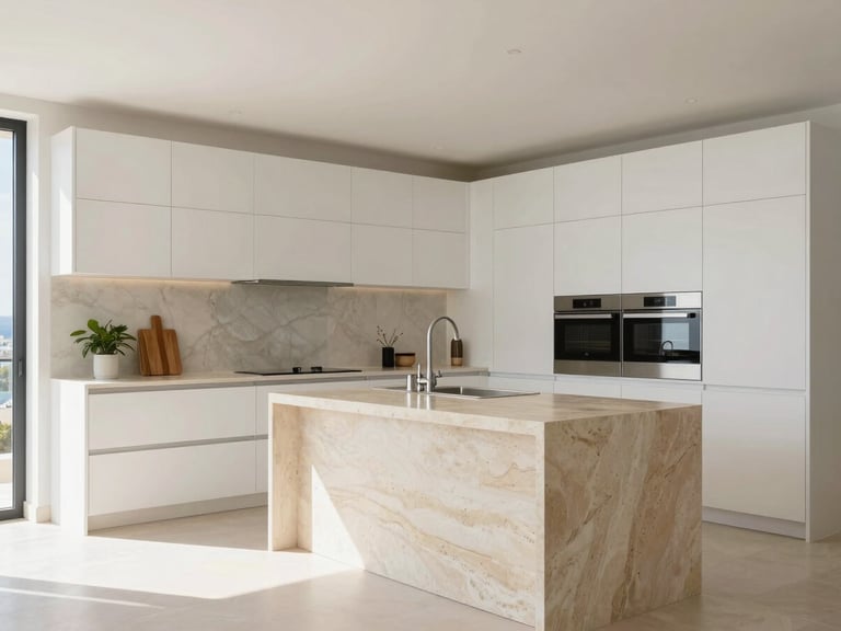 Bright open-plan kitchen in a Cannes penthouse, minimalist white cabinetry, warm sand stone island, bright Mediterranean daylight.