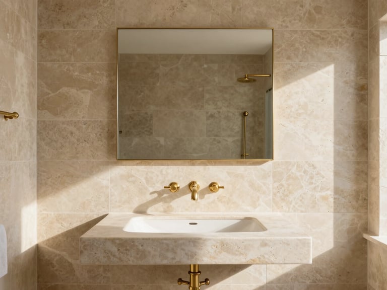 Straight-on architectural elevation of a sunlit luxury bathroom with perfect beige limestone tiling, brushed brass fixtures, warm natural light.