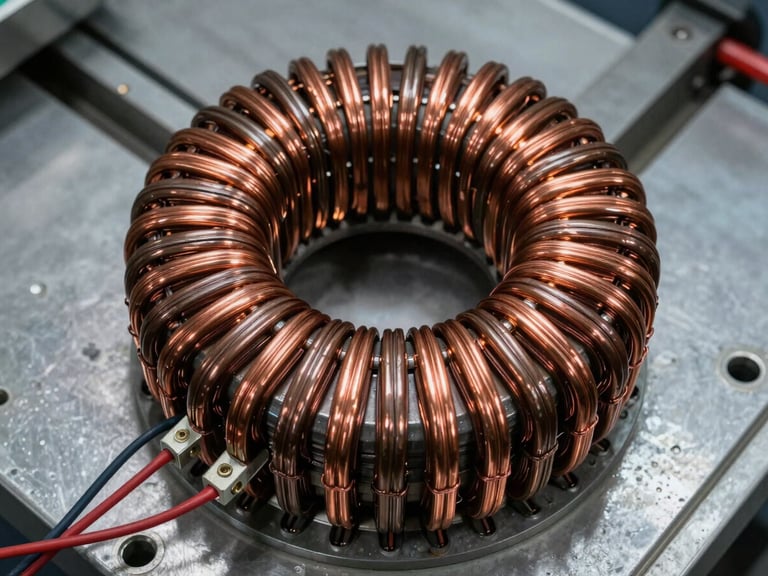 Close-up overhead shot of a rewound motor stator on a steel test bench, copper windings freshly lacquered, test leads clipped to terminals, work-light casting sharp shadows across the coil ends, no people