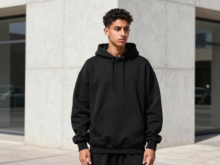 Sharp urban streetwear photography, young Moroccan model wearing a premium oversized black cotton hoodie, standing against a clean modern concrete wall in Casablanca, bright direct daylight, high-contrast vibrant colors, 35mm lens
