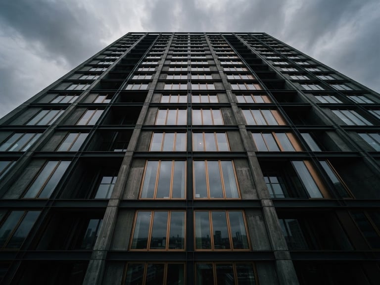 High-angle architectural perspective of a minimalist concrete and steel skyscraper facade, moody overcast daylight, deep obsidian shadows, sharp focus, 35mm