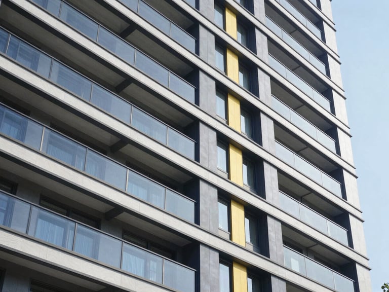 Modern high-rise condominium building and hotel facade, bright natural daylight, clean architectural lines, professional engineering photography