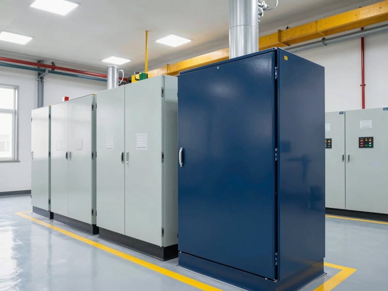 Clean industrial facility interior with electrical panels and machinery, bright technical lighting, professional engineering environment