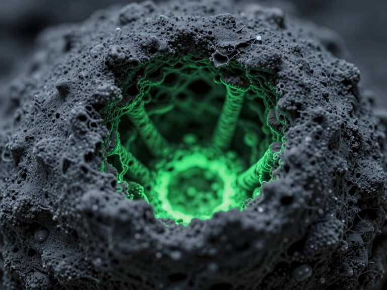 Microscopic scan of a termite mound's internal ventilation system, high-contrast laboratory lighting, deep slate and bio-luminescent green tones, extreme close-up detail, 100mm lens