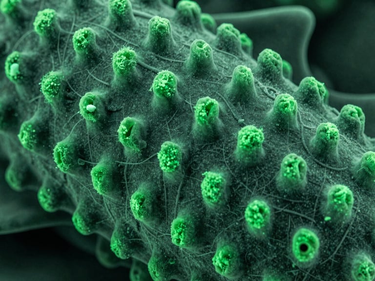 Scanning electron micrograph of shark skin denticles, high-contrast laboratory lighting, deep slate and bio-luminescent green tones, extreme close-up detail, 100mm lens