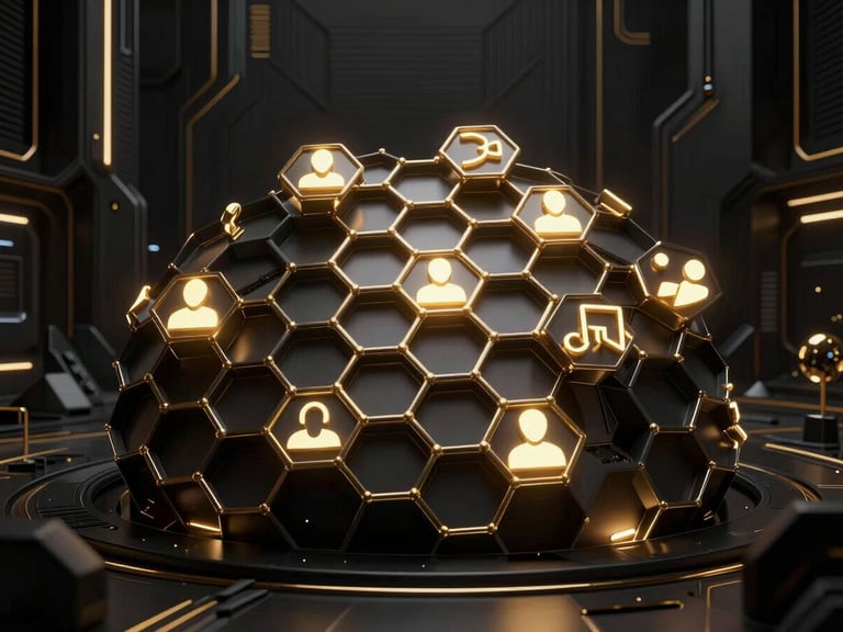 dark futuristic 3d render of glowing honeycomb wireframe integrated with abstract social media icons, matte black and liquid gold, dramatic low-key lighting, wide angle architectural digital environment