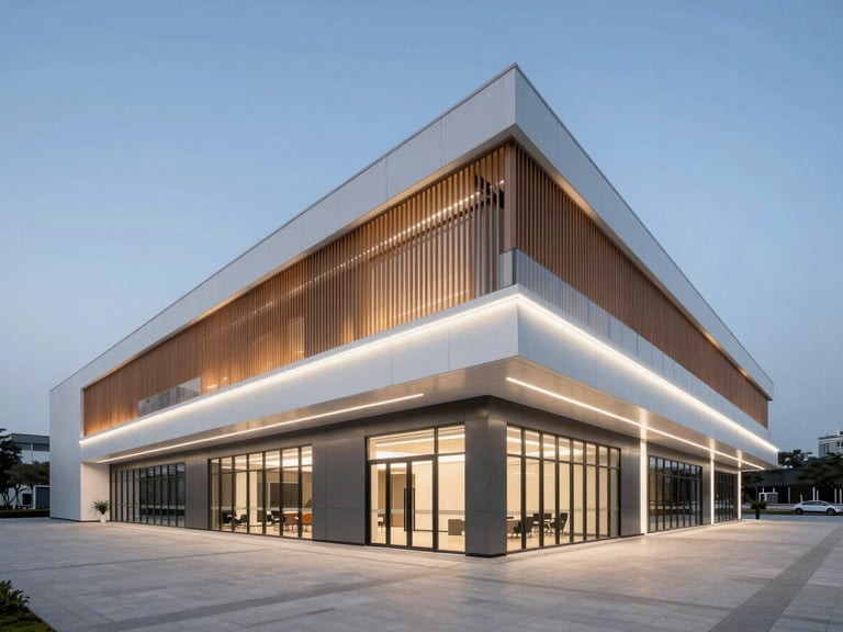 Wide-angle architectural photograph of a modern commercial office space with clean linear LED lighting installations, crisp daylight mixing with architectural light, sharp focus