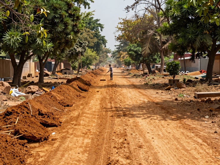 Ground-level documentary photograph of a cleared section of Vrindavan parikrama path, freshly swept ochre dust trail flanked by trees, a worker visible in the middle distance with a broom, natural midday light, wide landscape framing